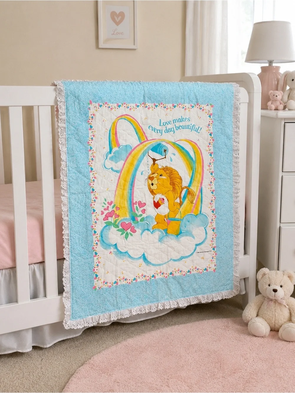 Vintage Care Bears Brave Heart Lion Blanket/Quilt Love Makes Everyday Beautiful